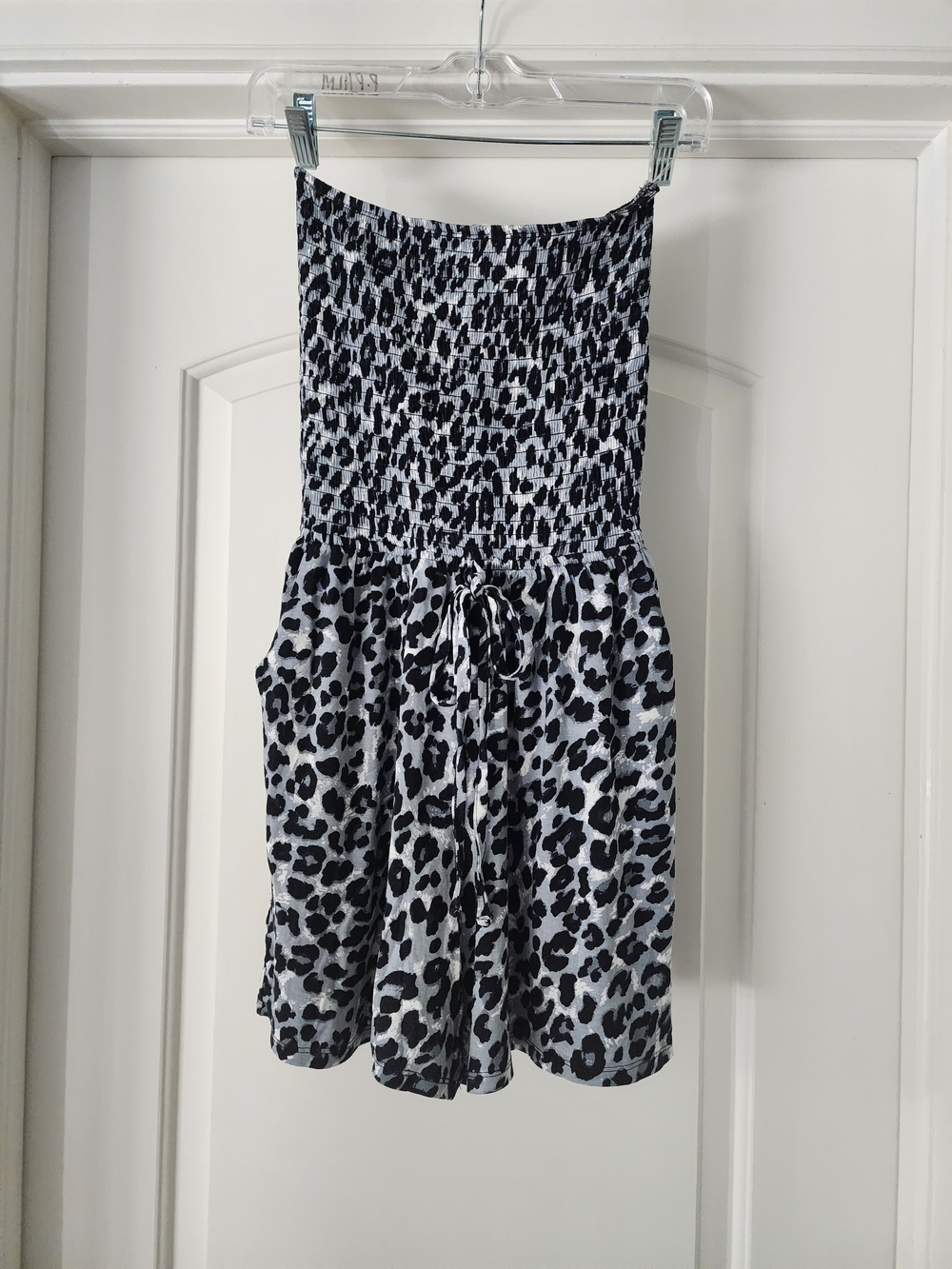 Zenana Smocked Strapless Romper in Black & White Leopard Print